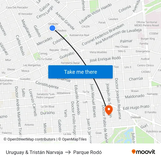 Uruguay & Tristán Narvaja to Parque Rodó map