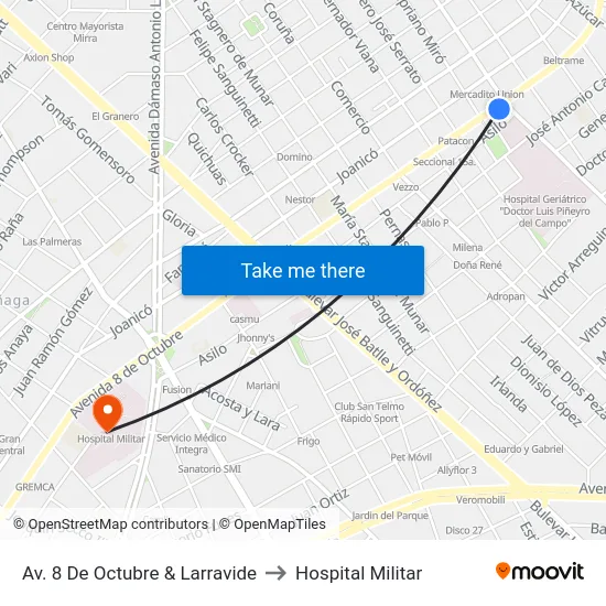 Av. 8 De Octubre & Larravide to Hospital Militar map