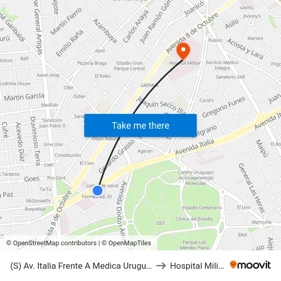 (S) Av. Italia Frente A Medica Uruguaya to Hospital Militar map