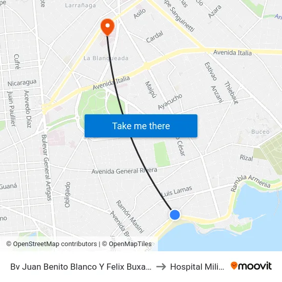 Juan Benito Blanco Y Felix Buxareo to Hospital Militar map