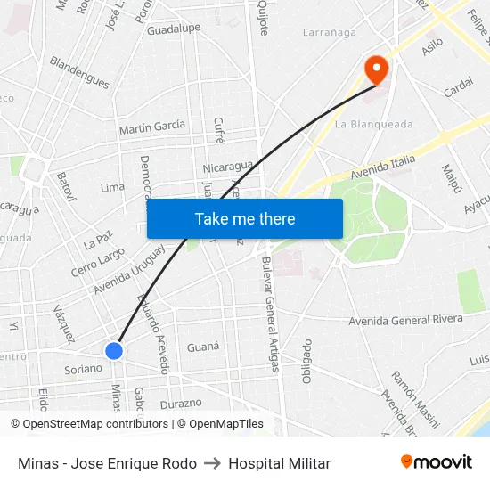 Minas - Jose Enrique Rodo to Hospital Militar map