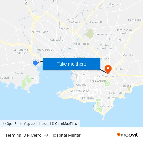 Terminal Del Cerro to Hospital Militar map