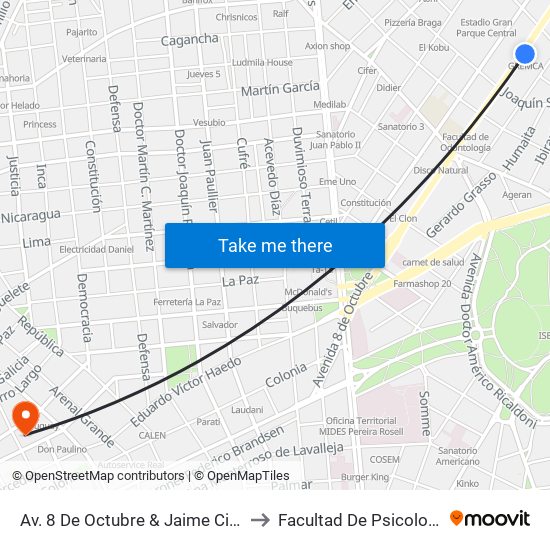 Av. 8 De Octubre & Jaime Cibils to Facultad De Psicología map