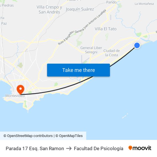 Parada 17 Esq. San Ramon to Facultad De Psicología map