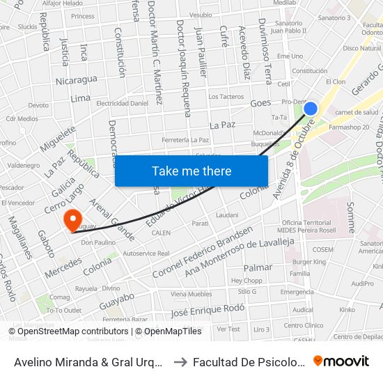 Avelino Miranda & Gral Urquiza to Facultad De Psicología map