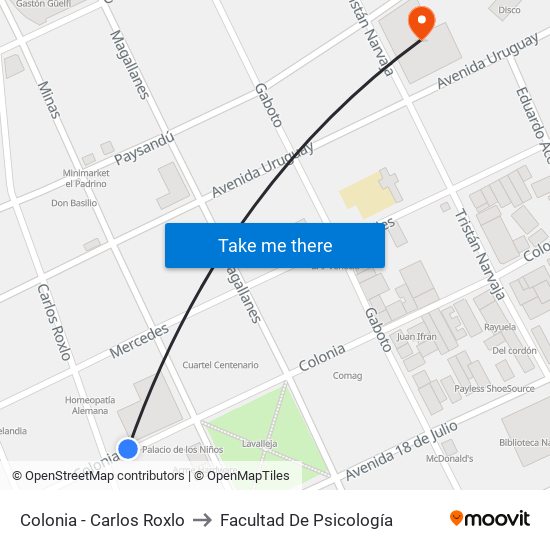 Colonia - Carlos Roxlo to Facultad De Psicología map