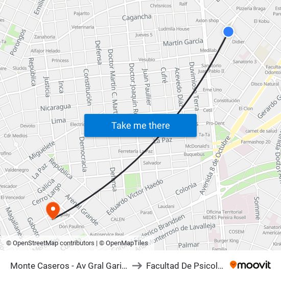 Monte Caseros - Av Gral Garibaldi to Facultad De Psicología map