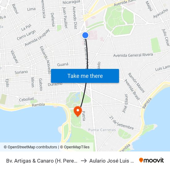 Bv. Artigas & Canaro (H. Pereira Rossell) to Aulario José Luis Massera map