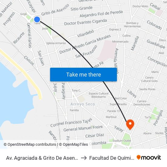 Av. Agraciada & Grito De Asencio to Facultad De Química map