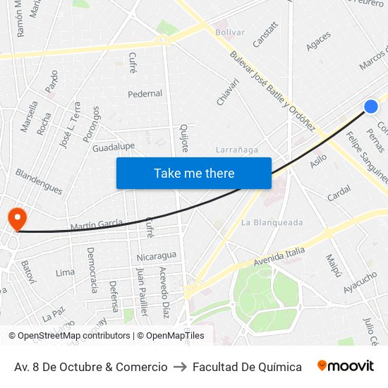 Av. 8 De Octubre & Comercio to Facultad De Química map