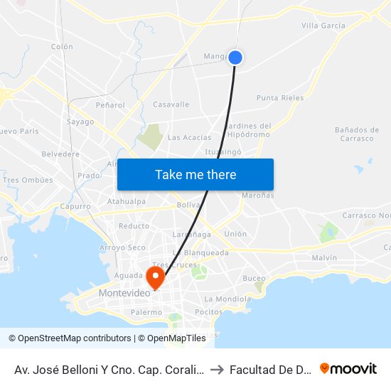 Av. José Belloni Y Cno. Cap. Coralio C. Lacosta to Facultad De Derecho map