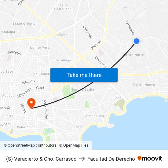 (S) Veracierto & Cno. Carrasco to Facultad De Derecho map