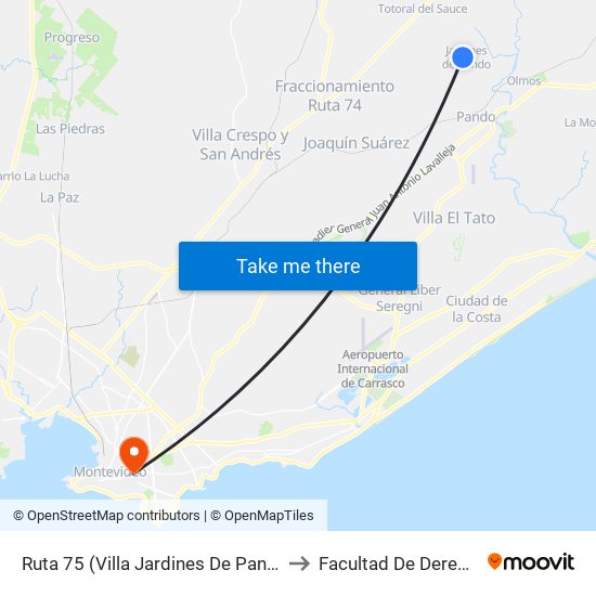 Ruta 75 (Villa Jardines De Pando) to Facultad De Derecho map