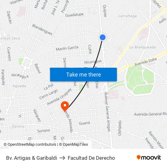 Bv. Artigas & Garibaldi to Facultad De Derecho map