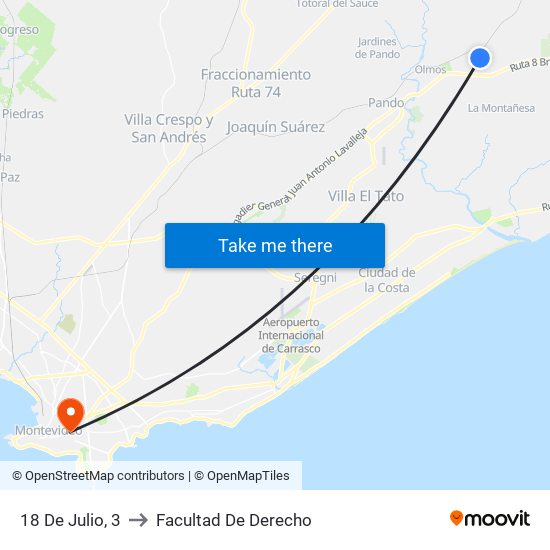 18 De Julio, 3 to Facultad De Derecho map