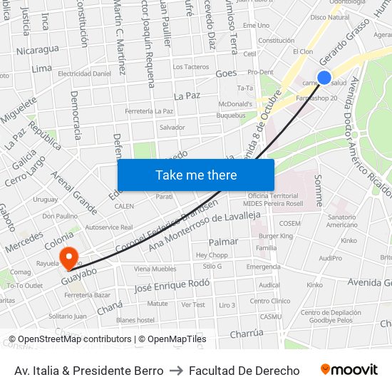 Av. Italia & Presidente Berro to Facultad De Derecho map