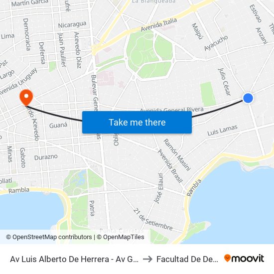 Av Luis Alberto De Herrera - Av Gral Rivera to Facultad De Derecho map