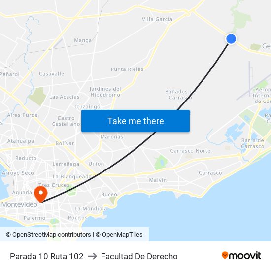 Parada 10 Ruta 102 to Facultad De Derecho map