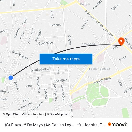 (S) Plaza 1º De Mayo (Av. De Las Leyes & Dr. Luis P. Lenguas) to Hospital Evangélico map