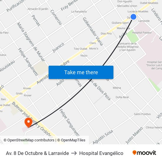 Av. 8 De Octubre & Larravide to Hospital Evangélico map