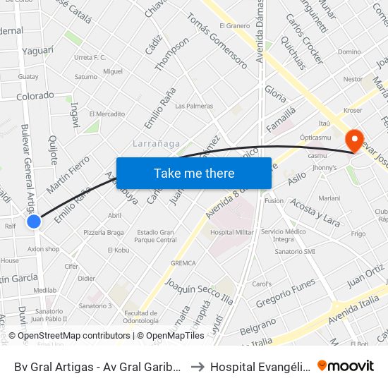Bv Gral Artigas - Av Gral Garibaldi to Hospital Evangélico map