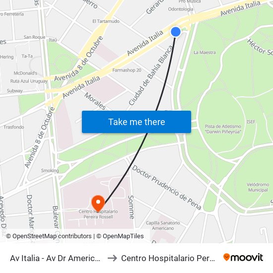 Av Italia - Av Dr Americo Ricaldoni to Centro Hospitalario Pereira Rossell map