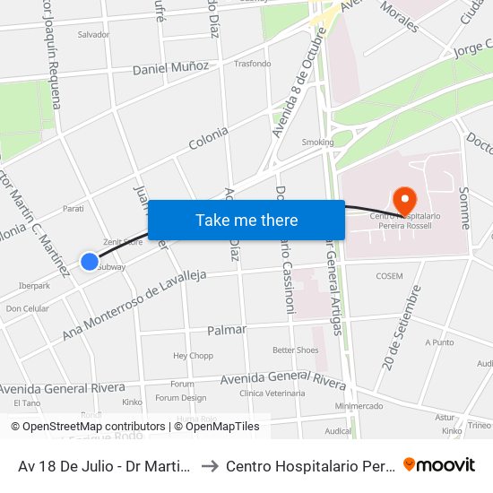 Av 18 De Julio - Dr Martin C Martinez to Centro Hospitalario Pereira Rossell map