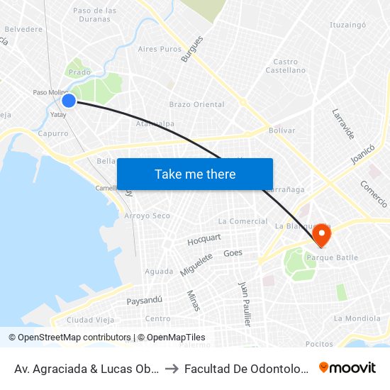 Av. Agraciada & Lucas Obes to Facultad De Odontología map
