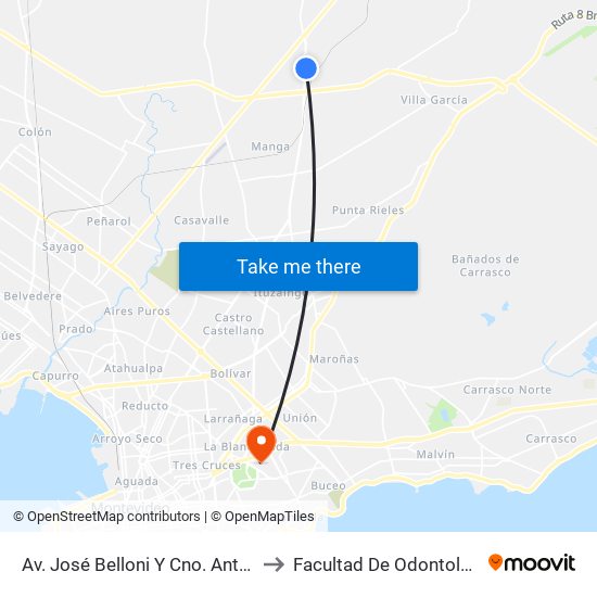 Av. José Belloni Y Cno. Antares to Facultad De Odontología map