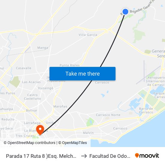 Parada 17 Ruta 8 )Esq. Melchor De Viana) to Facultad De Odontología map