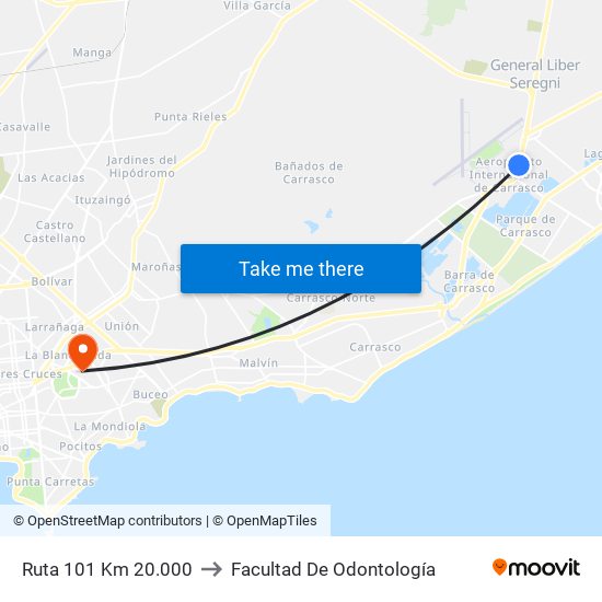 Ruta 101 Km 20.000 to Facultad De Odontología map