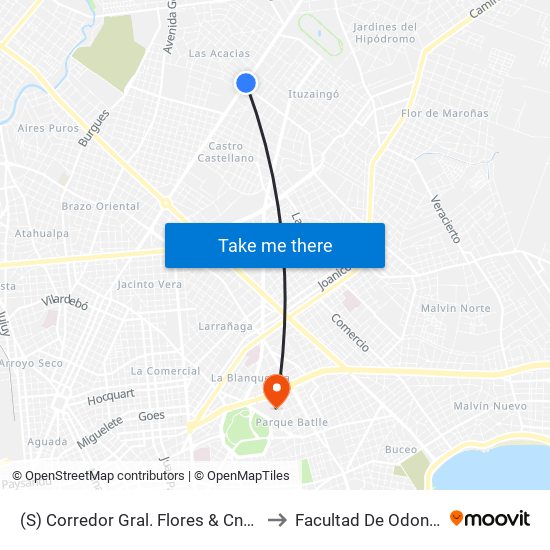 (S) Corredor Gral. Flores & Cno. Corrales to Facultad De Odontología map