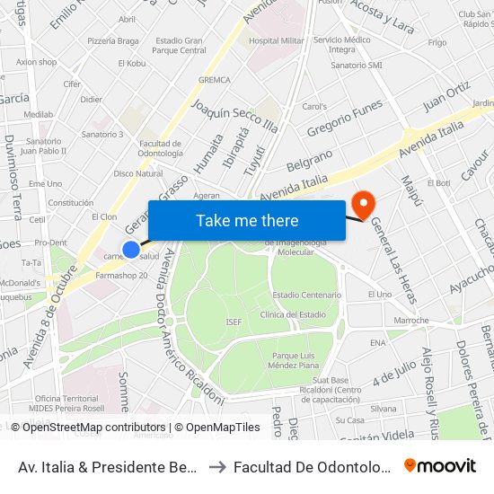 Av. Italia & Presidente Berro to Facultad De Odontología map