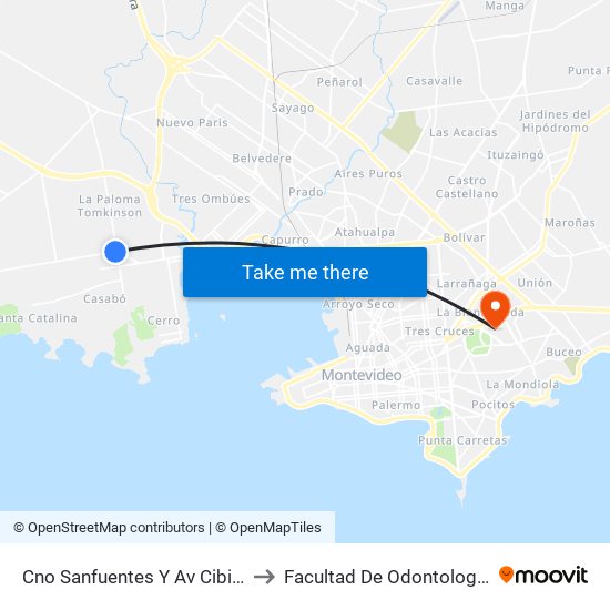 Cno Sanfuentes Y Av Cibils to Facultad De Odontología map