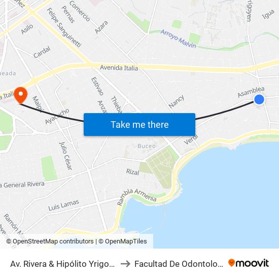 Av. Rivera & Hipólito Yrigoyen to Facultad De Odontología map