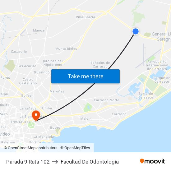 Parada 9 Ruta 102 to Facultad De Odontología map