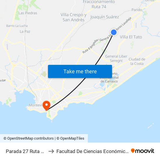 Parada 27 Ruta 8 (Km 24.500) to Facultad De Ciencias Económicas Y De Administración map