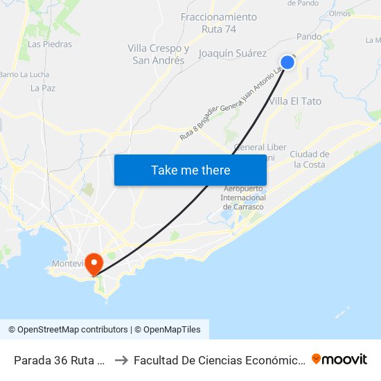 Parada 36 Ruta 8 (Km 28,500) to Facultad De Ciencias Económicas Y De Administración map