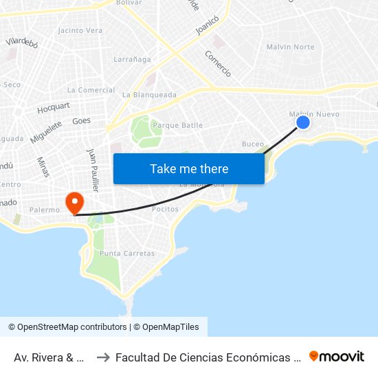 Av. Rivera & Colombes to Facultad De Ciencias Económicas Y De Administración map