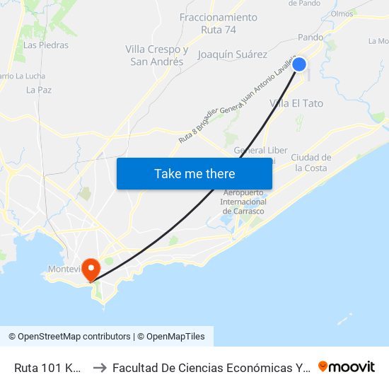 Ruta 101 Km32.500 to Facultad De Ciencias Económicas Y De Administración map