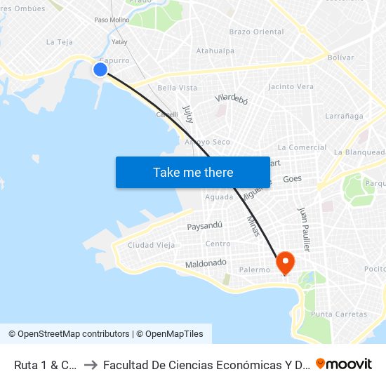 Ruta 1 & Capurro to Facultad De Ciencias Económicas Y De Administración map