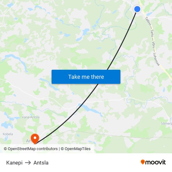 Kanepi to Antsla map