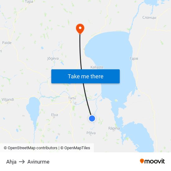 Ahja to Avinurme map