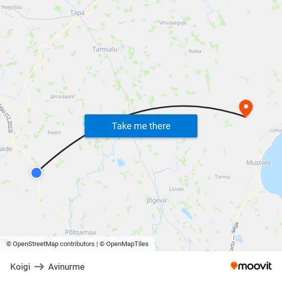 Koigi to Avinurme map