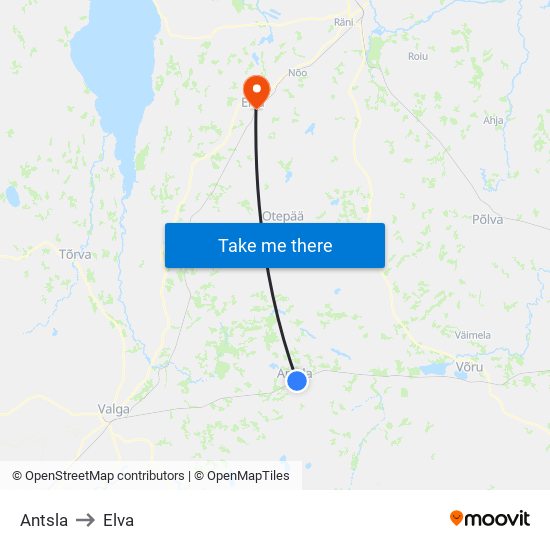Antsla to Elva map