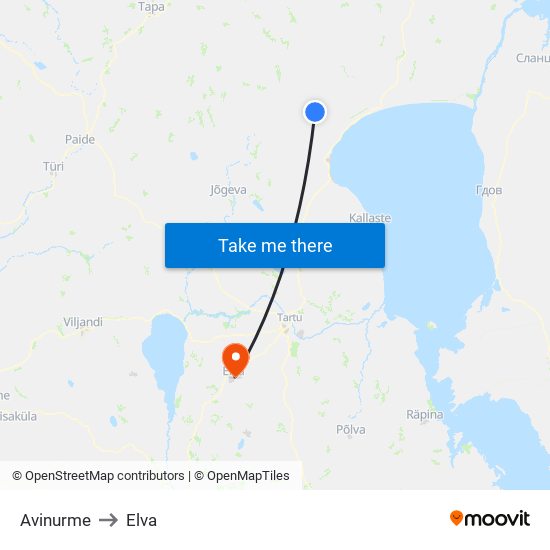 Avinurme to Elva map