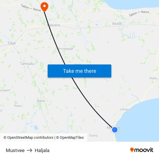 Mustvee to Haljala map