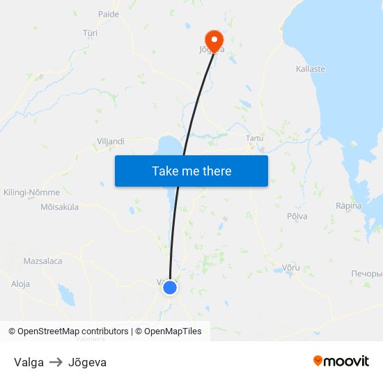 Valga to Jõgeva map