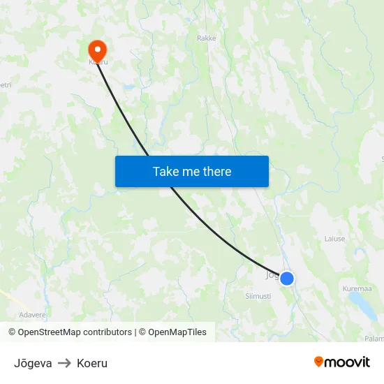 Jõgeva to Koeru map