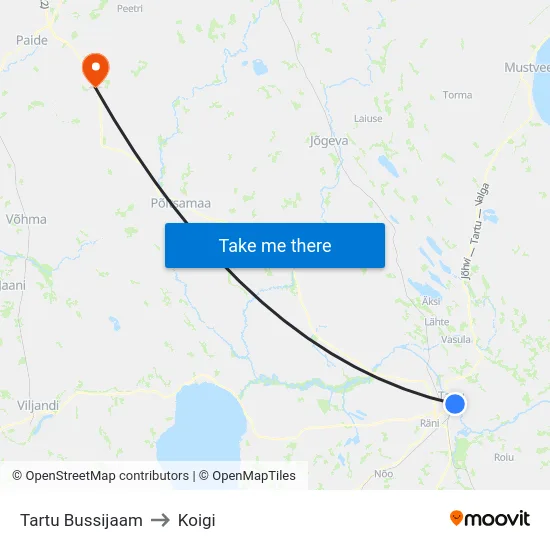 Tartu Bussijaam to Koigi map